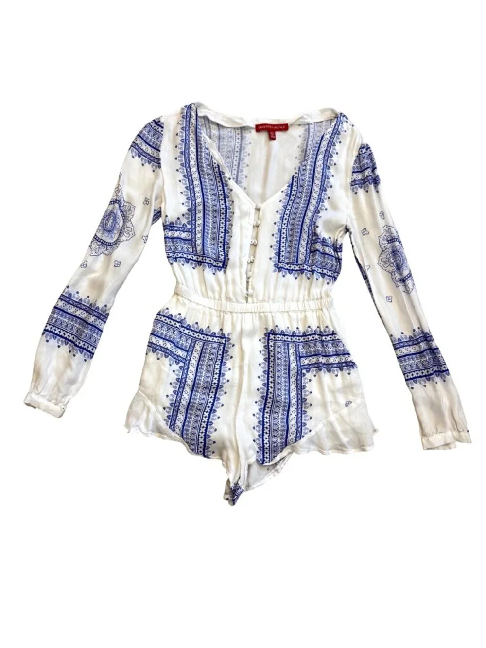 Saks Fifth Avenue Women's Button Front Romper XS White Blue Scarf Print Boho - Picture 1 of 8